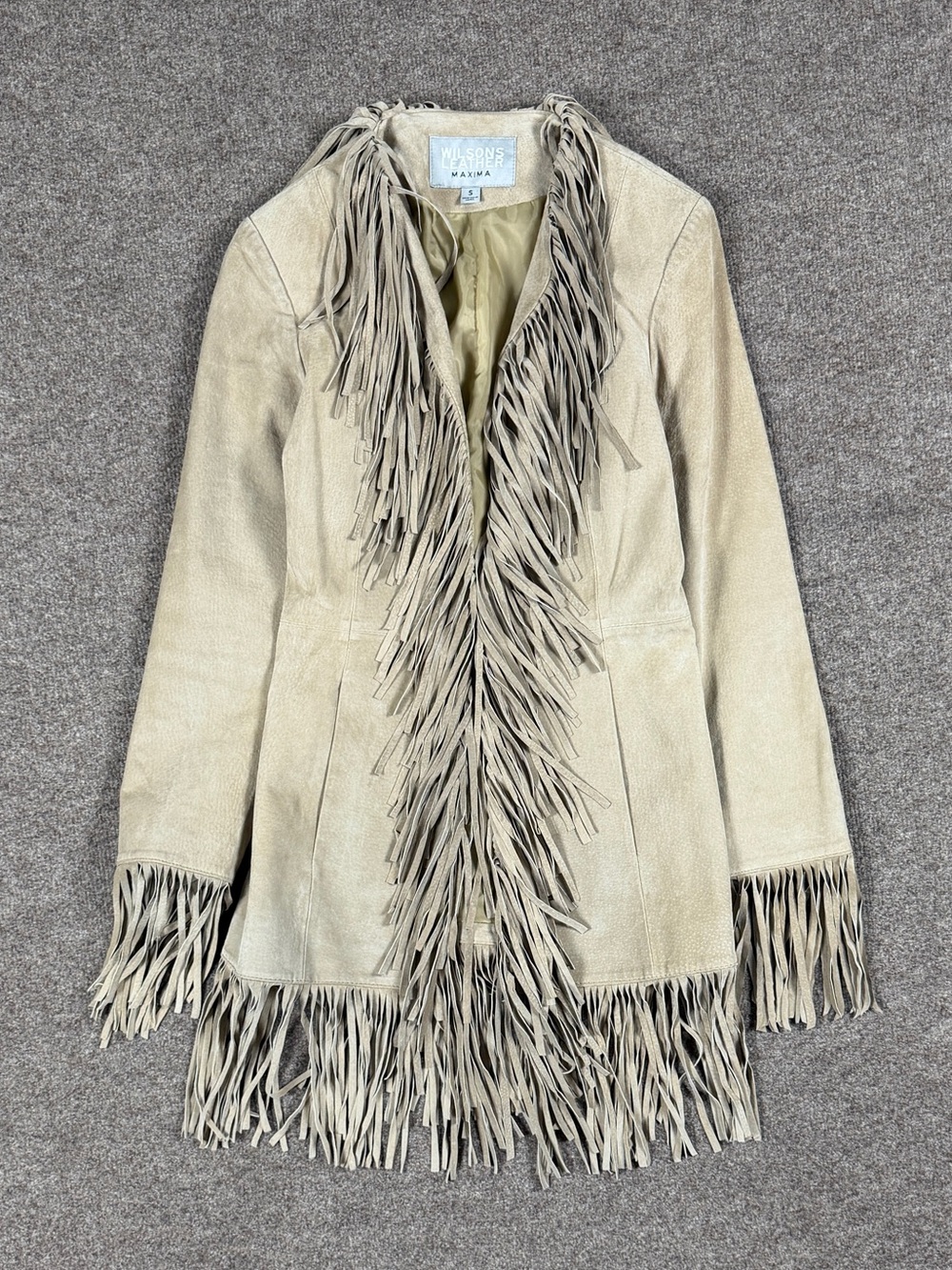 Vintage Wilsons Tan Suede Leather Mid Length Fringe Trim Jacket Women’s Small - Picture 3 of 12